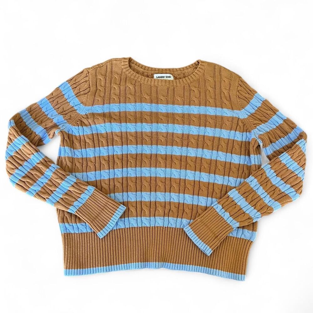 Lands End Women's Striped 100% cotton Cable Knit Sweater